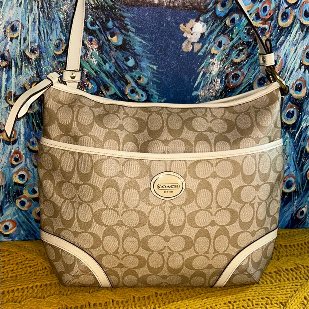 Coach Beige Signature Monogram Coated Canvas Crossbody/ Shoulder Bag